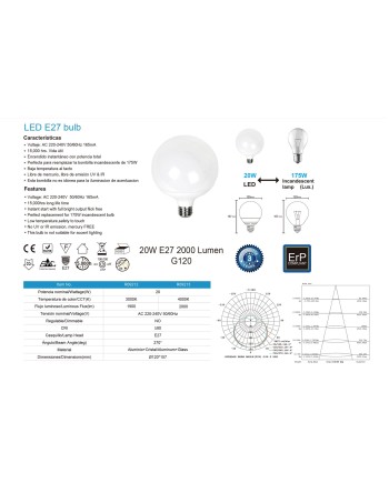 BOMBILLA LED - E27 GLOBO G120 - 20W - 3000K - 1615Lm - 270º